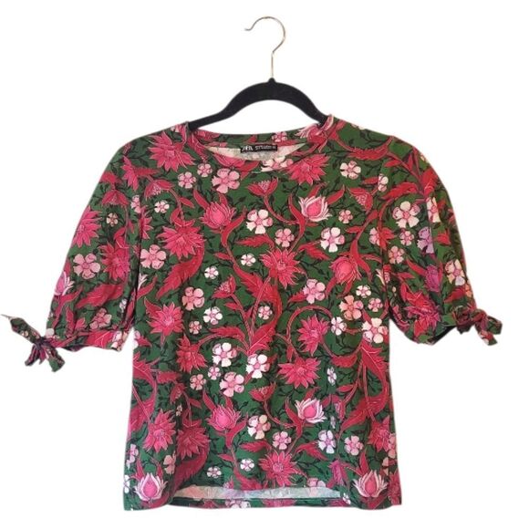 Zara Women's Green And Pink Floral Puff Sleeve Blouse Size US S - Picture 1 of 5